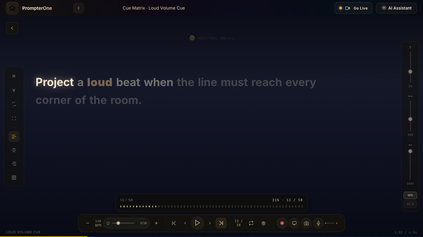 PrompterOne teleprompter rendering a TPS loud-volume cue in English